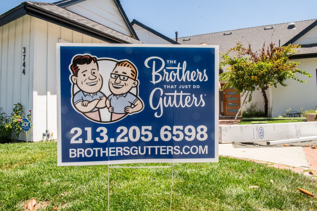 Brothers Gutters yard sign at a Los Angeles job