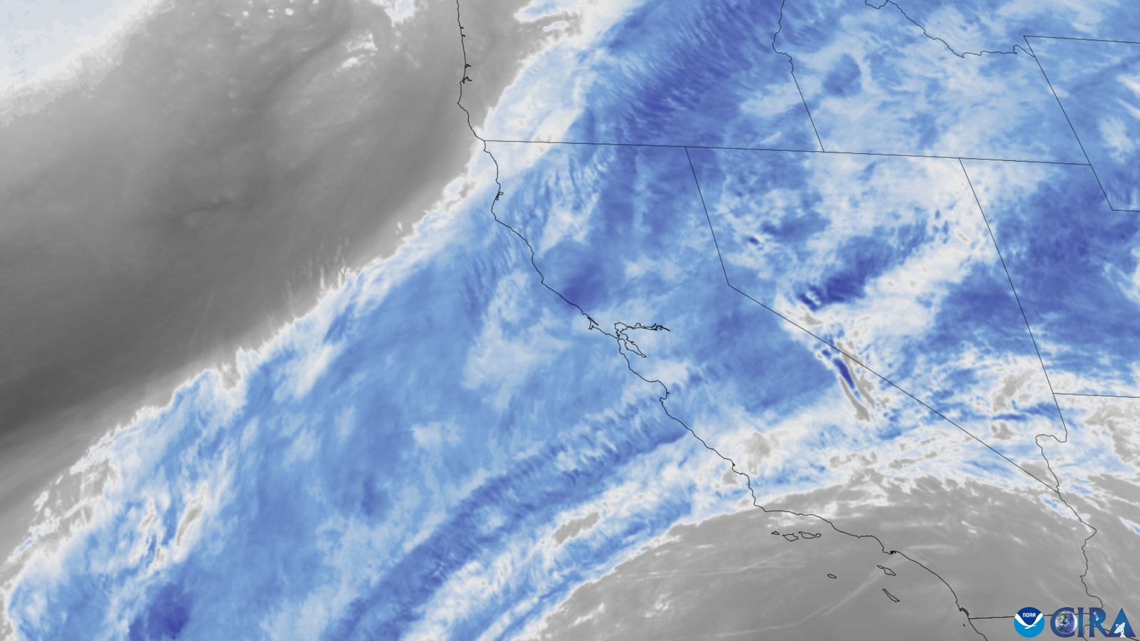 NOAA satellite image of an atmospheric river bringing flooding rain to California on December 22, 2025