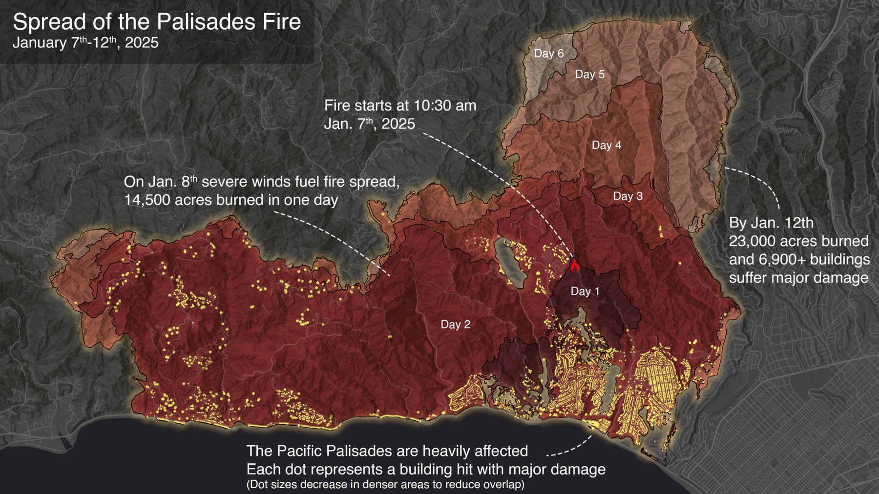 NASA map showing the day-by-day spread of the Palisades Fire, January 7 to 12, 2025, with each dot marking a building that suffered major damage